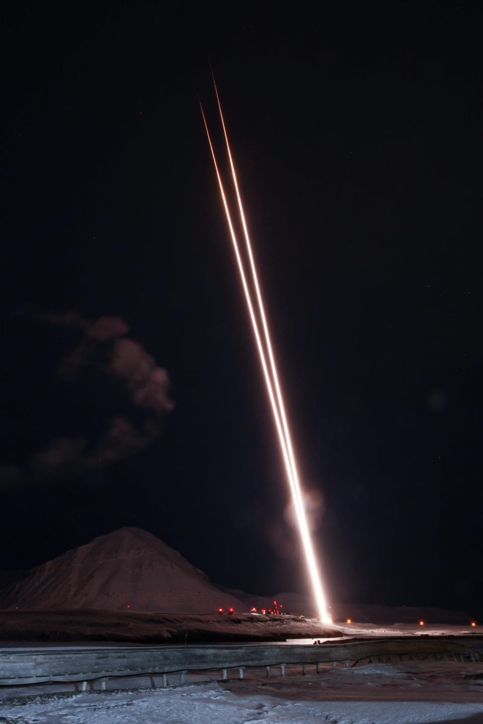 The first stages of the VISIONS-2 mission's sounding rockets lift off in this time lapse. <cite>NASA</cite>
